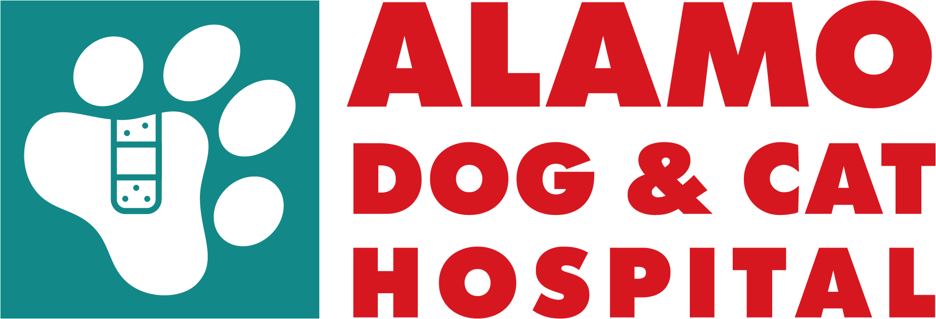 Alamo Dog & Cat Hospital in red, paw print with a bandaid in teal, Alamo's logo